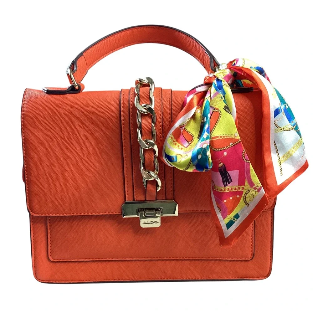 Aldo Orange Saffiano Satchel Handbag Gold Chain Scarf Accent Crossbody Bag